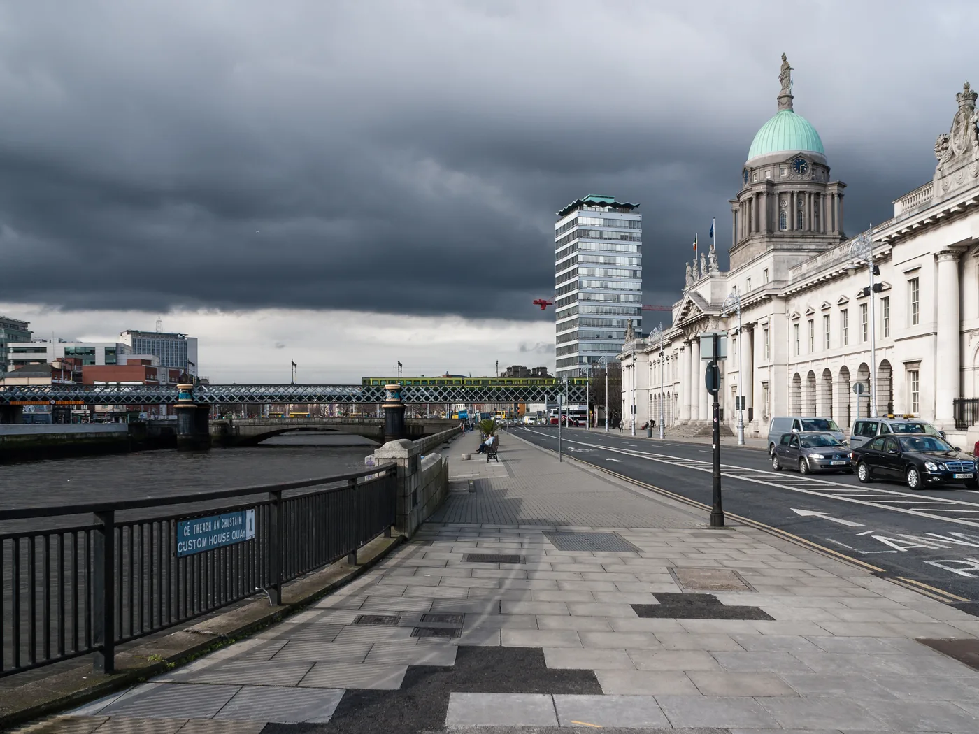 Custom House Quay and central Dublin city view in Ireland