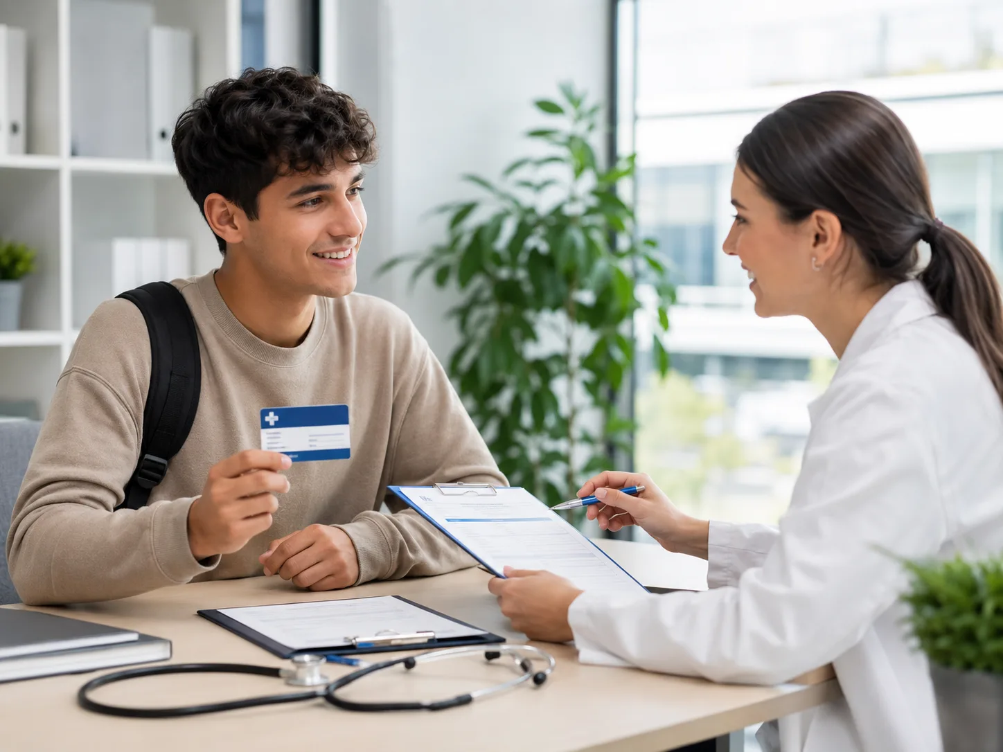 Estudiante recibiendo orientación sobre seguro médico